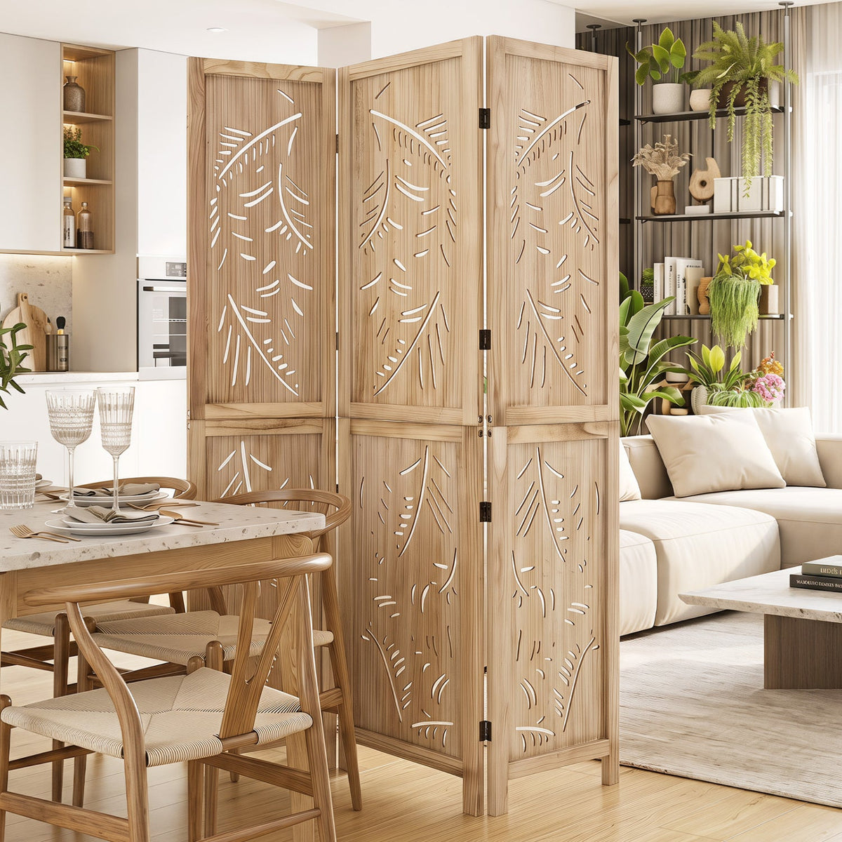 3-Panel Room Divider with Palm Leaf Design - 67" Tall